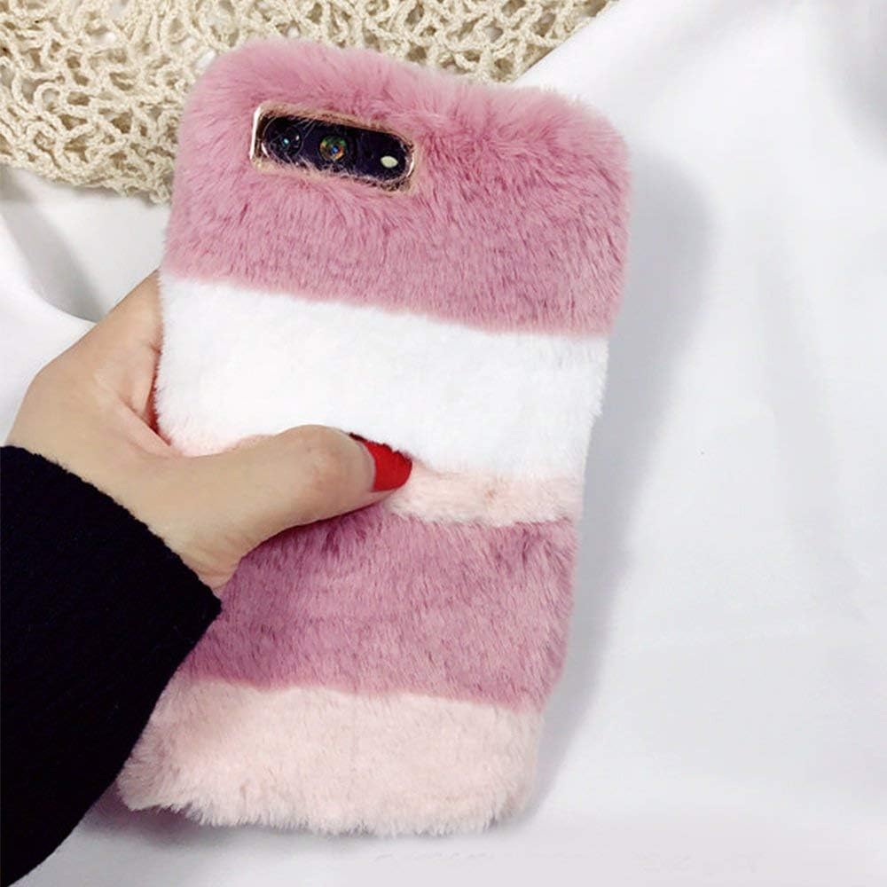 LCHULLE Fluffy Case for S7 Edge, S7 Edge Faux Fur Case, Washable Plush Cover Bling Soft Silicone Shell Shockproof Imitation Rabbit Fur Bunny Furry Protective Phone Cover Girls' Case Cover-Pink