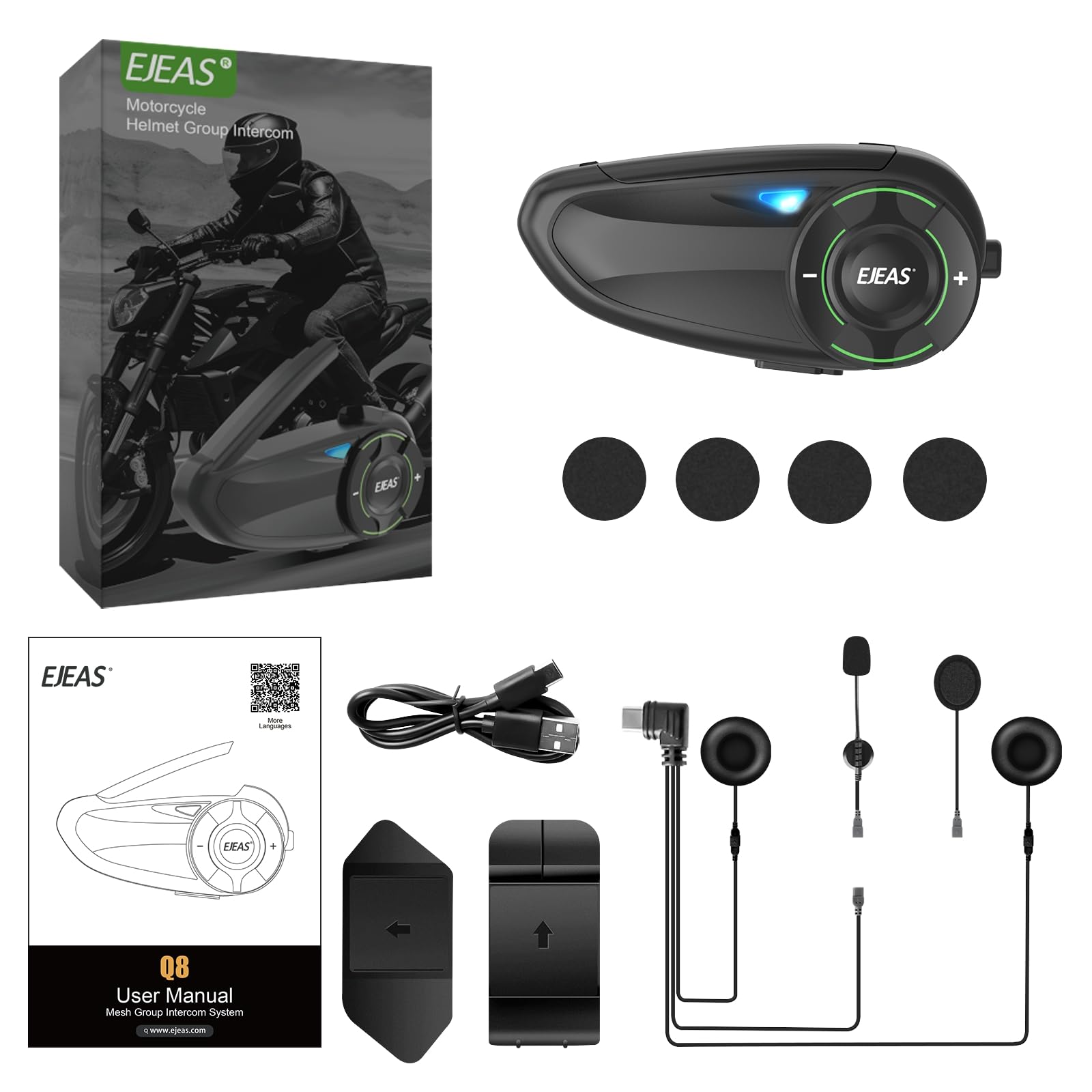 EJEAS Q8 1PC Motorcycle Bluetooth Headset, Upgraded Mesh 3.0 Intercom System with Music Sharing and IP67 Waterproof for 6 Riders Group Talking