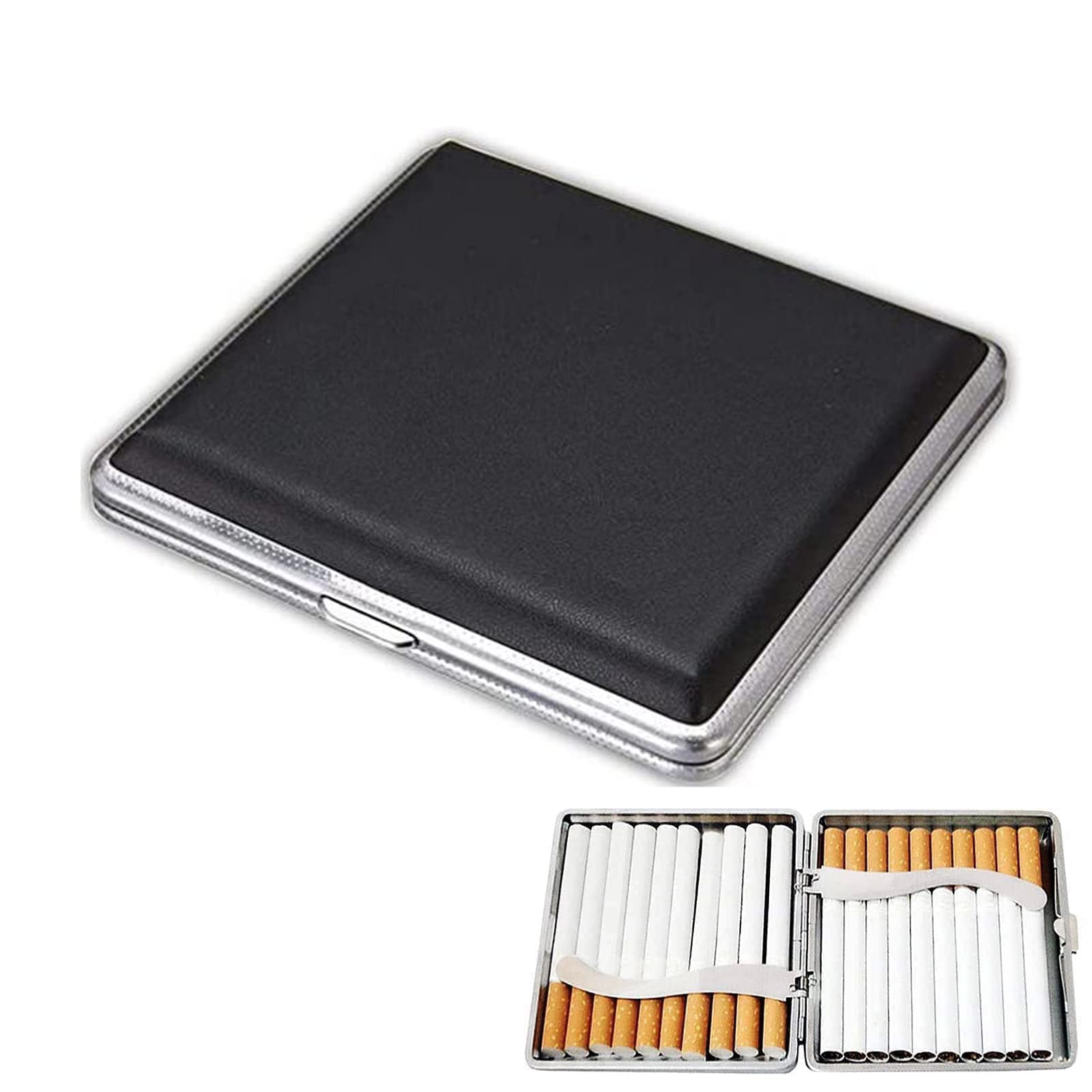 Cigarette Cases for Women- Pink PU Leather Cigarette Case Slim Holds 20 Cigarette Lady Cigarette Holder Box with Metal Clip (Black)