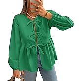 Tankaneo Womens Long Sleeve Babydoll Tops Tie Front Blouses Peplum Cute Flowy Shirts