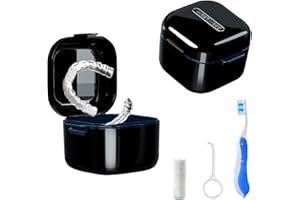 POZLLE Denture Bath Box Cup，Portable Denture Case with Strainer Basket，False Teeth Storage Box Holder，Retainer case Cleaning，Soak Cup，With braces chewable tablets and Extractor toothbrus（black）…