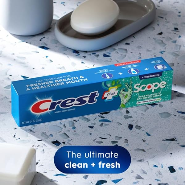 CREST + SCOPE WHITENING TOOTHPASTE – PACK OF 3, 5.4 OZ TUBES – ANTICAVITY FLUORIDE TOOTHPASTE, FRESH BREATH, KILLS GERMS – TARTAR PROTECTION, ENAMEL PROTECTION – MINTY FRESH FLAVOR