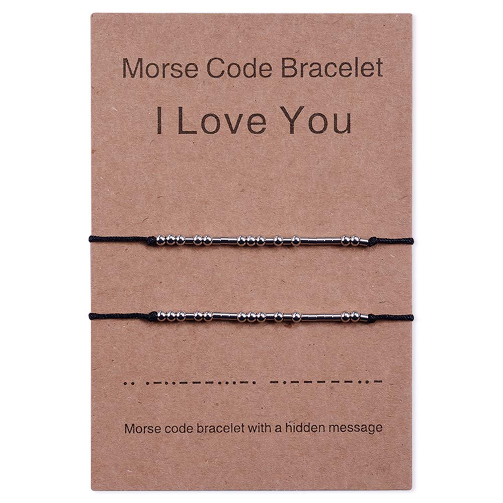 CheersLife 2PCS I Love You Morse Code Bracelets Couples Men Women Boyfriend Girlfriend Matching Relationship Black Rope Beads Bracelet Set Jewellery Gifts for Him and Her
