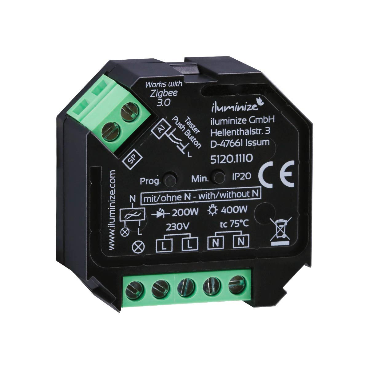 Without N conductor: iluminize Zigbee 3.0 dimming actuator 1x230V, max. 200/400W, dimming via phase control