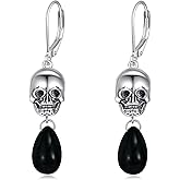 KZX Skull Earrings 925 Sterling Silver Obsidian Earrings Skull Dangle Earrings Mystery Jewelry Gifts for Women