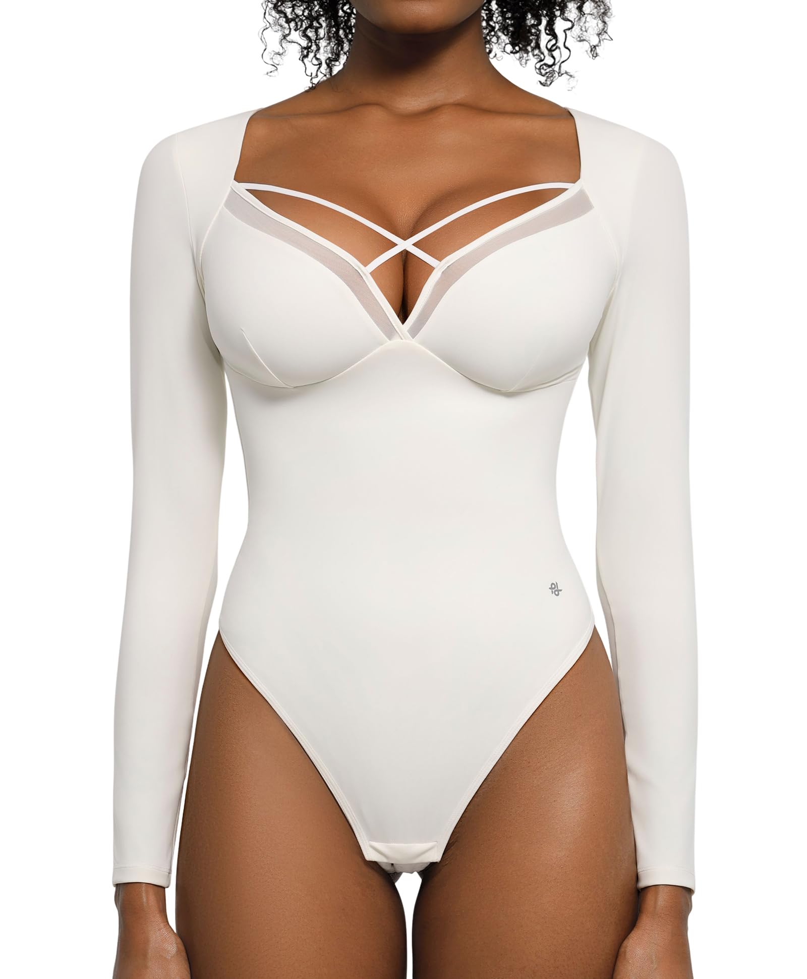 Photo 1 of Popilush Long Sleeve Body Suits for Womens Deep V-Neck Shapewear Bodysuit Tummy Control Thong Tops for Going Out White