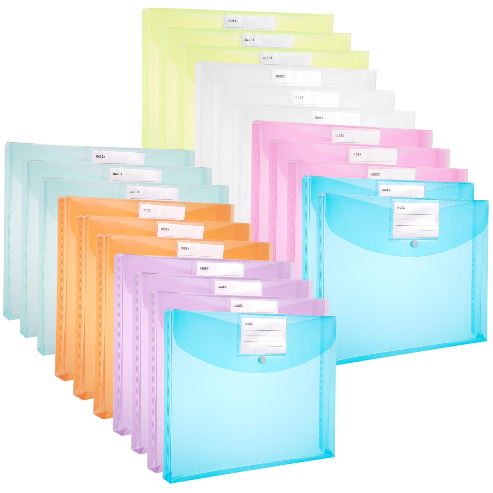 Plastic Wallets A4, 21 Pack Plastic File Folders A4 Document Folders Expandable Folders with Button for Home, Office, School and Travel