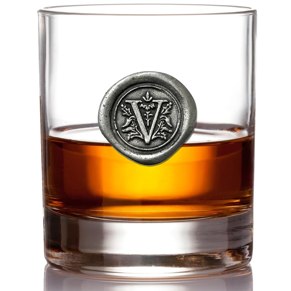 English Pewter Company 11oz Whisky Glass Tumbler with Monogram Initial - Personalised Gift with Your Choice of Initial (V) [MON122]