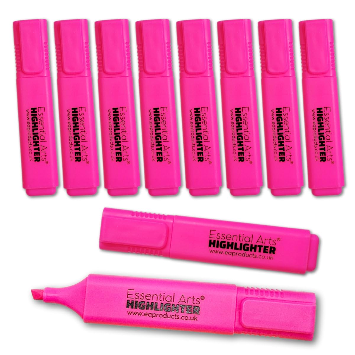 Essential Arts Square Pink Highlighter Pen Pack of 10 | Chisel Tip Fluorescent Highlight Marker Pens for Office, School Art and Business