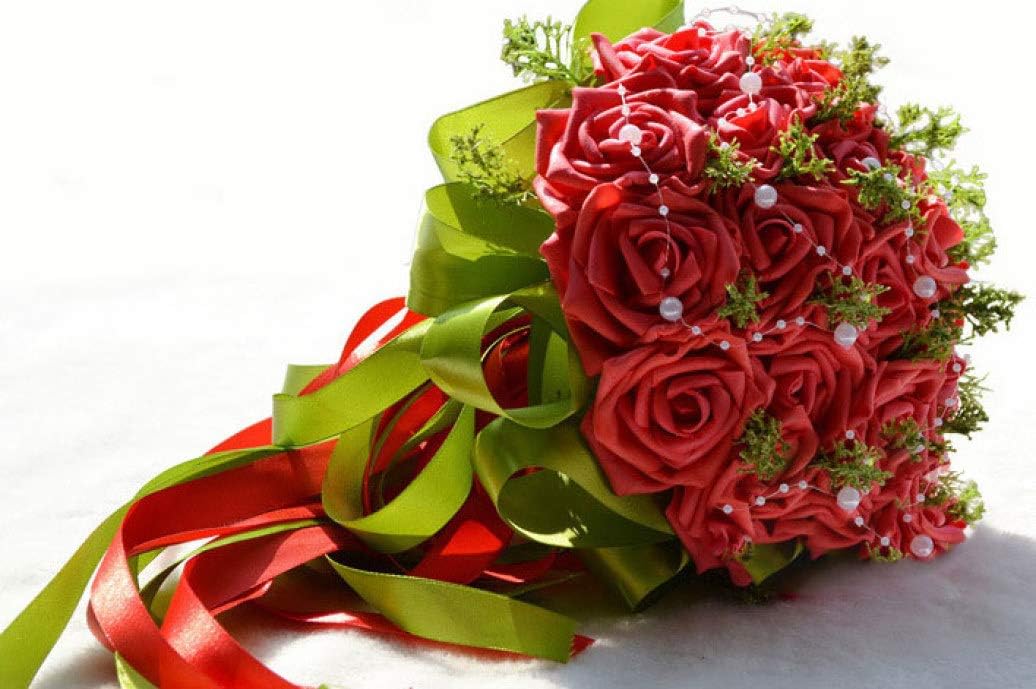 SUKOMA Red Bridal Bouquets Pearl Bow-Knot Long Soft Silk Ribbon Green Leaves Wedding Holding Flower
