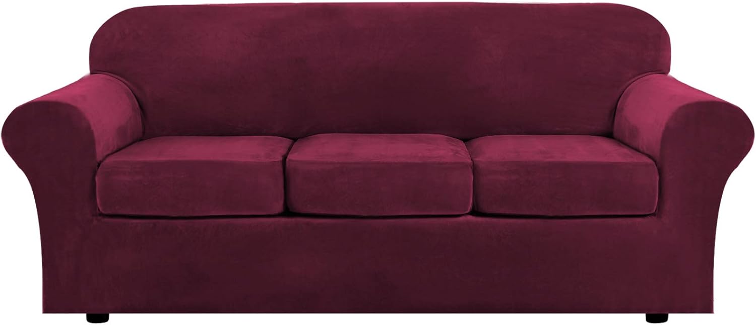 H.VERSAILTEX Modern Velvet Plush 4 Piece High Stretch Sofa Slipcover Strap Sofa Cover Furniture Protector Form Fit Luxury Thick Velvet Sofa Cover for 3 Cushion Couch, Machine Washable(Sofa,Gray): Home & Kitchen