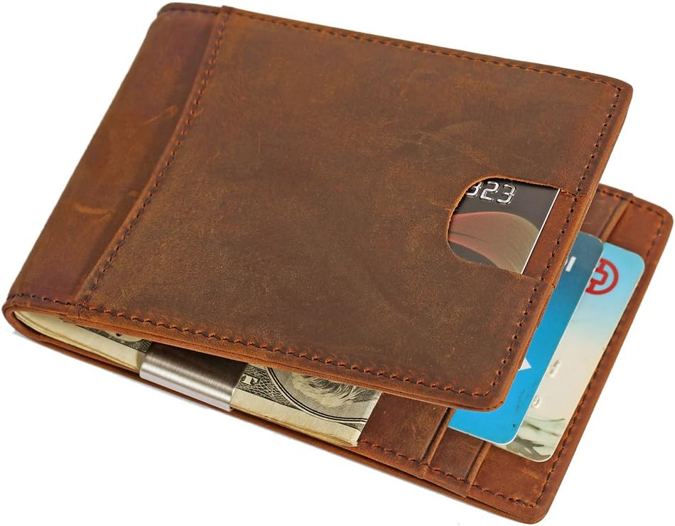 Men RFID Blocking Wallet, Genuine Leather Wallet for Men with Money Clip, Multi Card Extra Capacity Travel Credit Card Holder (Brown)