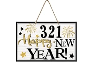 Bolisom 321 Happy New Year 2026 Front Door Sign, Black Gold Fireworks Farmhouse Wood Hanger Outdoor Porch Home Decor, Christmas Winter Celebration Wooden Wreath Indoor Wall Hanging Party Decoration