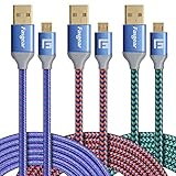 Fasgear 3 pcs 10ft/3M Nylon Braided Micro USB Cable With Gold-Plated Navy-Blue Connector For Samsung, LG, HTC, Nokia, Android Phone And More (Orange,Green,Purple)