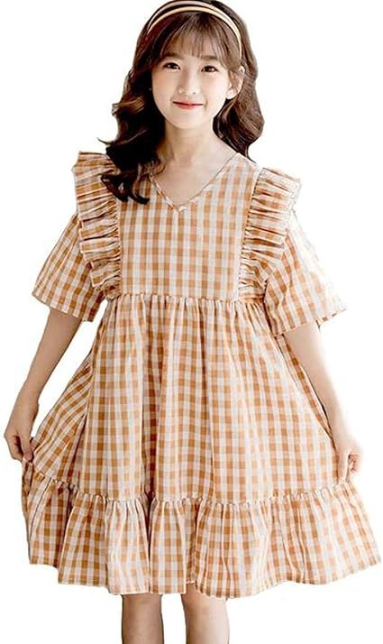 Amazon ダーセン 子供服 女の子 半袖 ワンピース チェック柄 スカート 可愛い 親子服 子供 キッズ ジュニア Tシャツワンピース シンプル 普段着 カジュアル 通園 旅行 春夏 ワンピース チュニック 通販