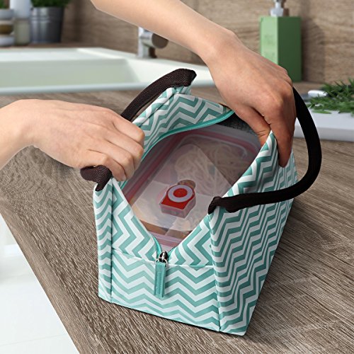 Philorn Reusable Insulated Lunch Bag Sturdy Oxford Box Tote with Zipper for Men, Women, Adult, Kid, School and Work (Light Blue with Waves)