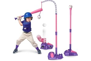 IGRL 3-in-1 Kids Baseball Set for Ages 3-5/5-8, Batting Tee, Stand Tee, Pitching Machine with 6 Plastic Softballs & Bat, Adjustable Height, Indoor/Outdoor Backyard Sport Games Gifts for Boys & Girls, Pink
