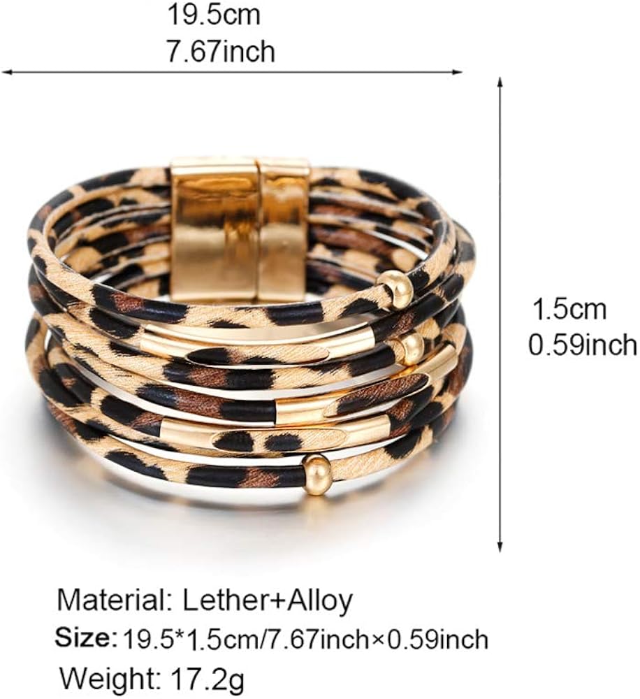 Fesciory Leather Wrap Bracelet for Women, Leopard Multi-Layer Magnetic Buckle Cuff Bracelet Jewelry: Clothing