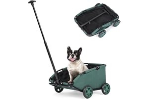 AESRAOU Mini Dog Strollers for Mini Pets, Foldable Multifunctional Shopping Carts with Extendable Pull Handle, Doggie Wagon Built-in Cushion and Safety Rope with Storage Bag (Dark Green)