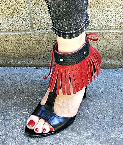 Red and Black Leather fringe Anklet Boot Cuff