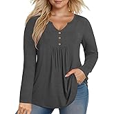 VISLILY Womens-Plus-Size-Dressy-Tops Cute V Neck Henley Shirts Flowy Pleated Long Sleeve Tunic Fall Casual Buttons Up Blouses