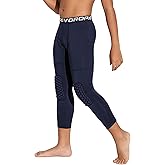 DEVOROPA Youth Boys' Compression Pants with Knee Pads 3/4 Basketball Athletic Tights Quick Dry Sports Workout Leggings