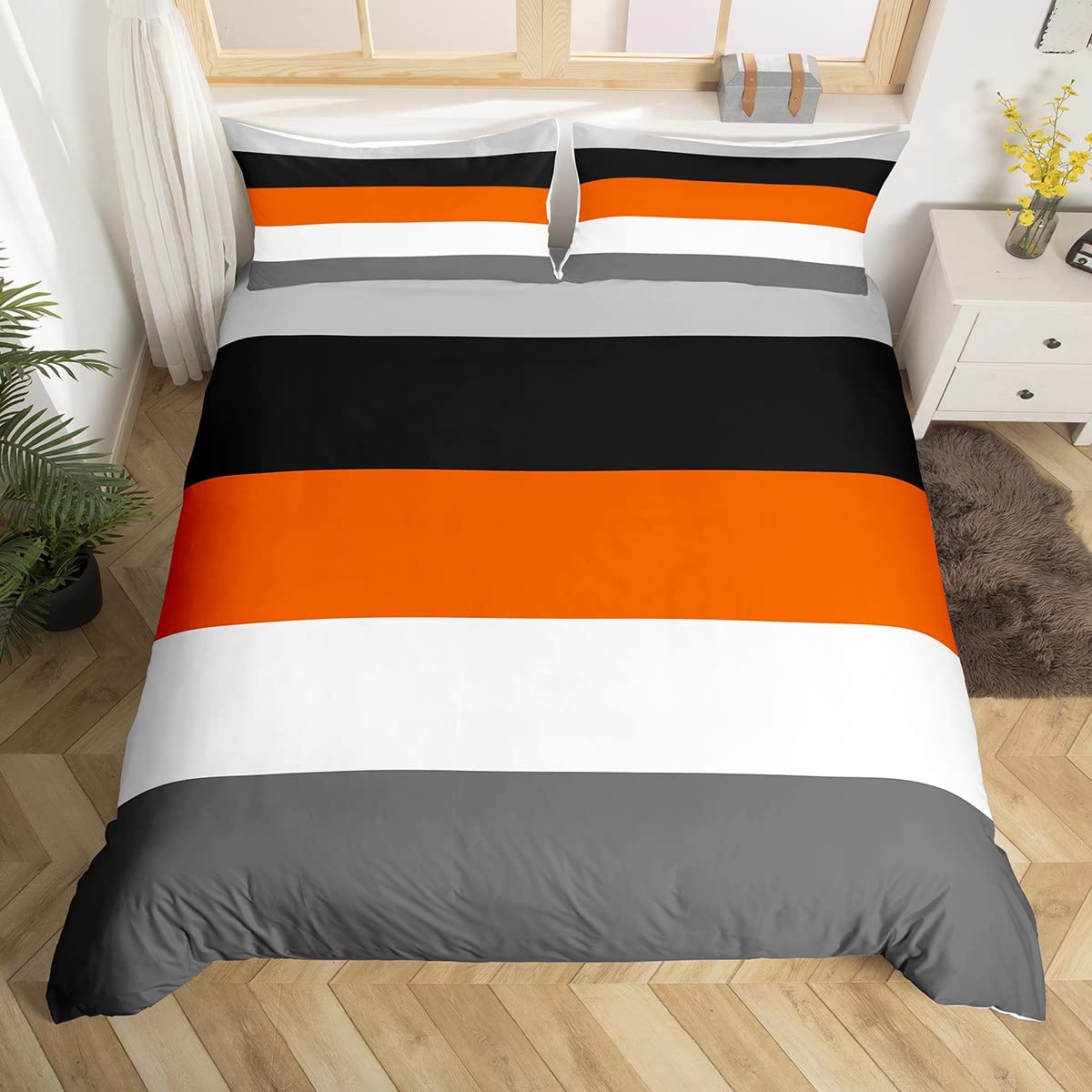 Homewish Orange Gray Black King Size Duvet Cover Set with 2 Pillowcases - 100% Soft & Breathable Polyester, Zip Closure - Geometric Stripes Bedding - Modern Simple Pattern with Black Reverse — image 1