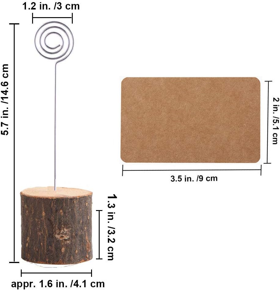 Toncoo 10Pcs Premium Wood Place Card Holders with Swirl Wire and 20 Pcs Kraft Place Cards, Rustic Wood Table Number Holders Stands, Name Cards Photo Holders for Wedding Party Sign Food Cards Label: Home & Kitchen