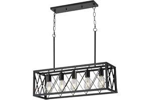 KEESFU Black Farmhouse Kitchen Island Lighting, 5 Lights Pendant Lighting Fixtures, Adjustable Height, Industrial Dining Room Light for Living Room Foyer Dining Table Over Sink.