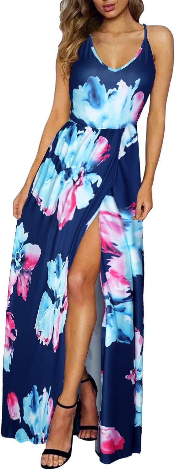 ULTRANICE Women's Summer Floral Tie Back Adjustable Spaghetti Strap Maxi Dress Split