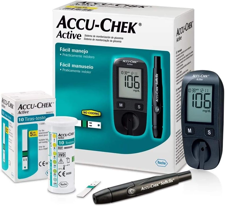 KIT MEDIDOR DE GLICOSE ACCU CHEK ACTIVE ROCHE 10 TIRAS SaÃºde e Cuidados