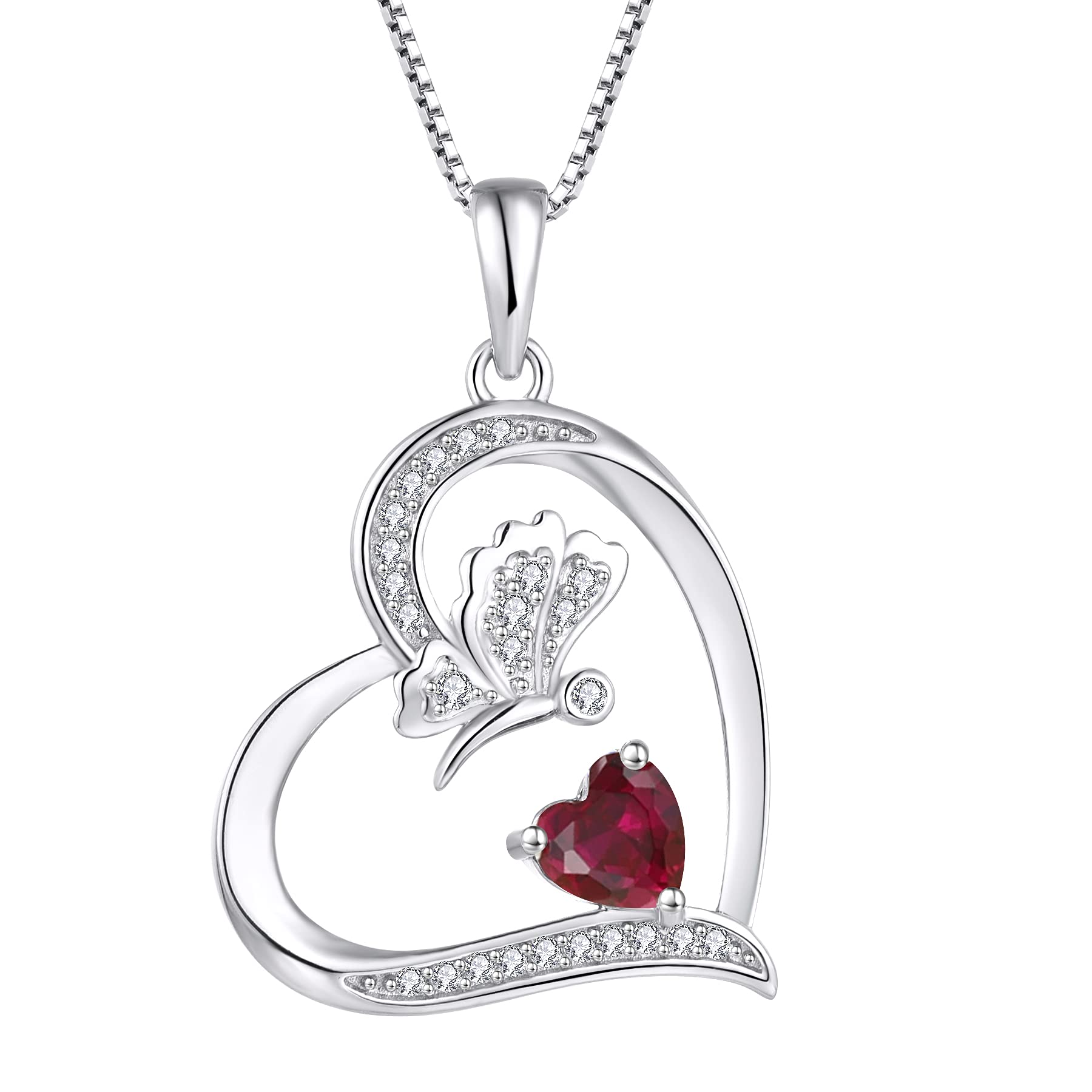 FJ Love Heart Butterfly Necklace 925 Sterling Silver Ruby Necklace July Birthstone Pendant Jewellery for Women