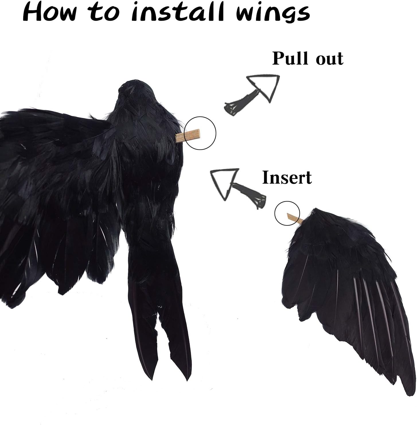 2-Pack Realistic Crows Lifesize Extra Large Handmade Black Feathered Crow for Halloween Decorations Birds, L (13 inch+12 inch) : Garden & Outdoor