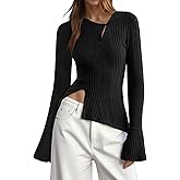 Bell Sleeve Tops for Women, Fall Sweater Stylish Diagonal Buttons Flared Sleeves Side Slit Slim Fit Pullover