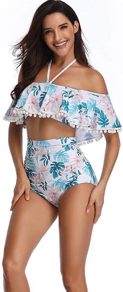 Amazon 19最新デザインレディース水着 女の子水着 清新 可愛いフリルデザイン 蓮プリント ハイウエストビキニ 親子水着 キッズ 2 3歳 ブルー ビキニ セパレーツ 通販