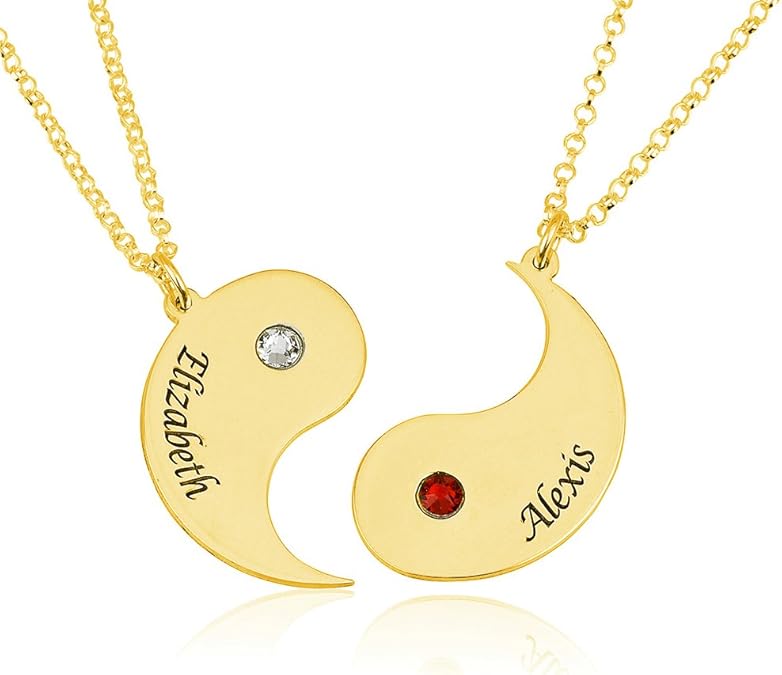 Engraved Yin Yang 2 Pieces Necklace Custom Made with 2 Names and 2 Simulated