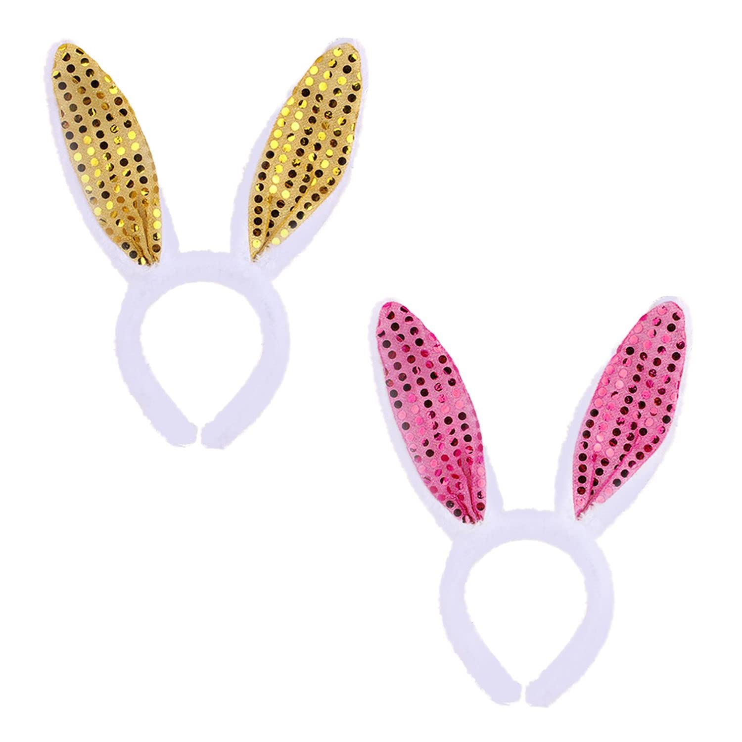 CQQNIU 2pcs Colorful Plush Bunny Ears, Easter Bunny Ears Headband Decorative Accessories, Cosplay Party Costume Accessories for Adult Kids (pink sequins, yellow sequins)