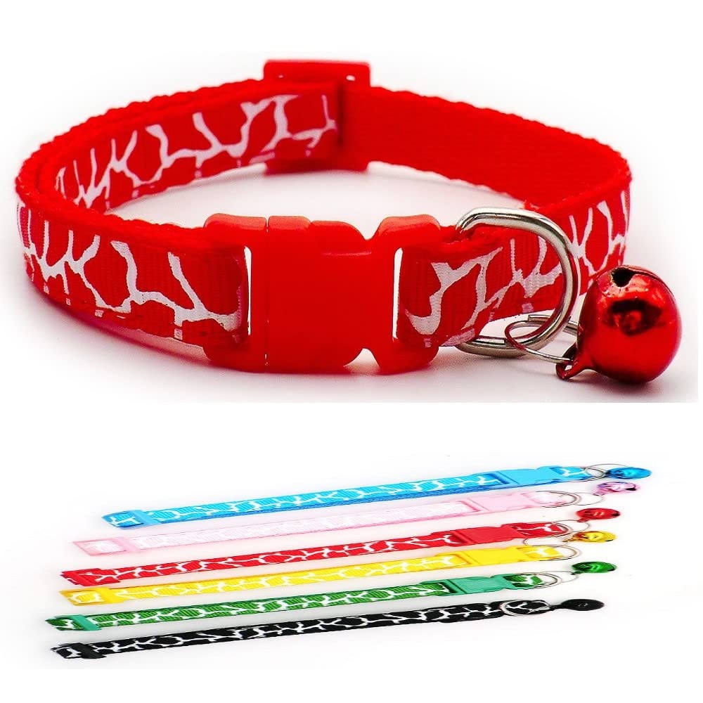 Small Dog Puppy Pet Collar Zebra Giraffe Animal Print Design with Bell Nylon Adjustable Size 19-32cm Red