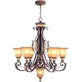 Livex Lighting 8576-63 Villa Verona 6 Light Verona Bronze Finish Chandelier with Aged Gold Leaf Accents and Rustic Art Glass