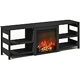 Furinno Jensen Fireplace TV Stand, NO Heat Decorative Electric Fireplace TV Stand for TV up to 70 Inch, with Open Storage, for Living Room, Americano