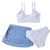 COZYEASE Girls' 3 Piece Set Floral Print Bikini Swimsuit with Drawstring Beach Skirt Cute Ruched Bathing Suit