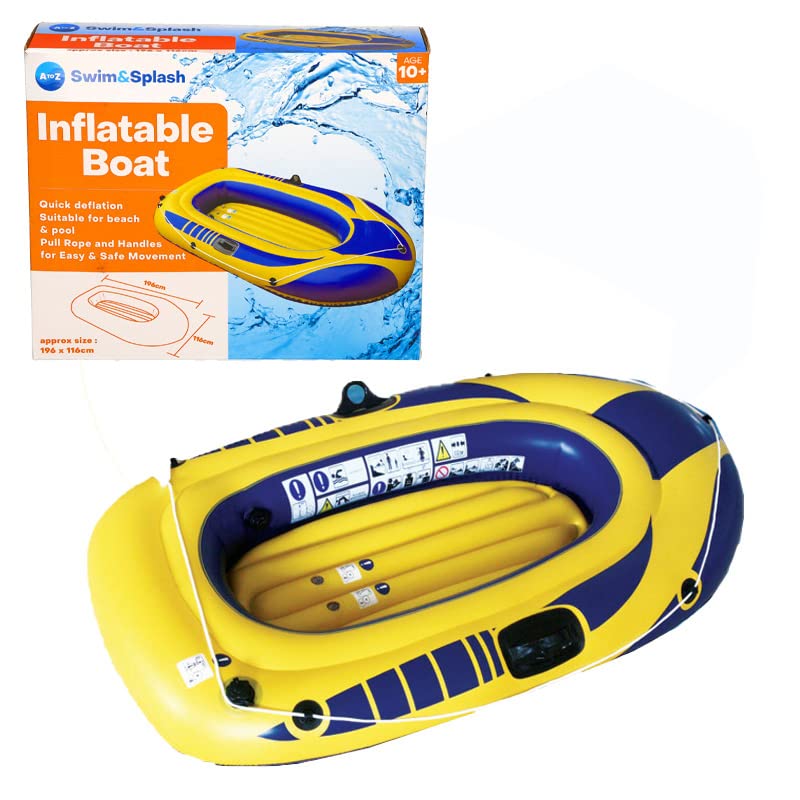 Swim&Splash Inflatable Boat, 196 x 116 cm, Quick Deflation, Pull Rope and Handles, Age 10+, Yellow/Blue