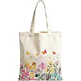 awenyzen Butterfly Floral Canvas Tote Bag for Women – Reusable Cotton Shoulder Bag with Inner Pocket & Snap Closure, Colorful Garden Tote for Work, Travel, or Shopping