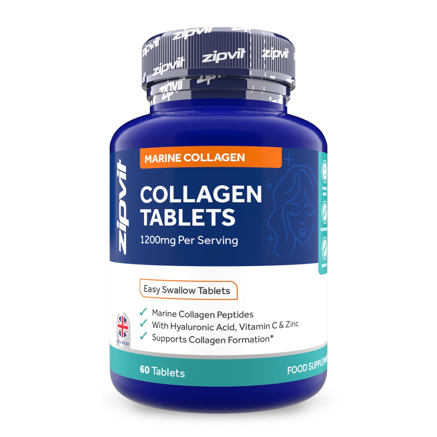Zipvit Marine Collagen Tablets 1200mg with Hyaluronic Acid, Vitamin C & Zinc, Type 1 Collagen Supplements for Women and Men, Supports Hair, Skin, and Nails, 60 Tablets, 1 Month Supply