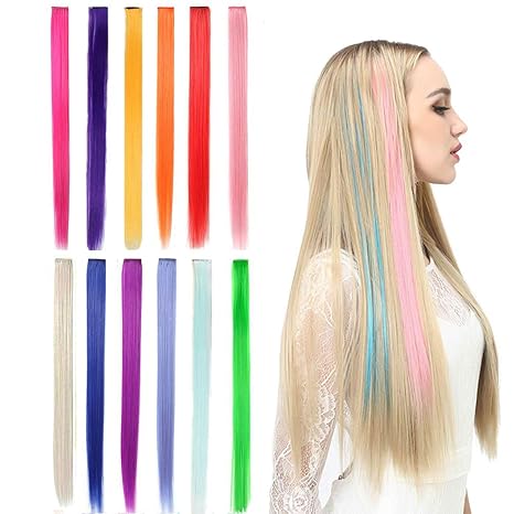 Kalolary 22 Zoll 12Pcs bunte strähnen clips Haarverlängerung, Lange Extensions Haar clip in Echthaar Festliche Highlight Bunt