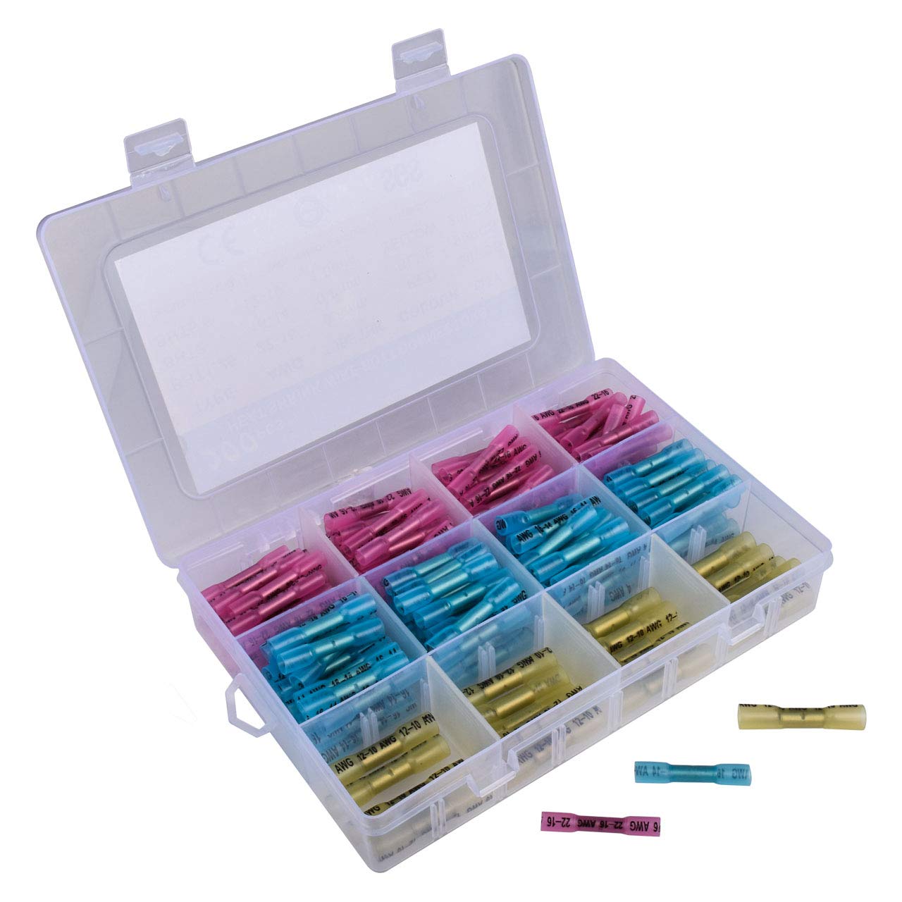 KATUR 200PCS Heat Shrink Wire Connectors, Crimp Connector Kit, Insulated Electrical Marine Automotive Crimp Terminals, Waterproof Butt Splices (3 Colors, 3 Sizes)