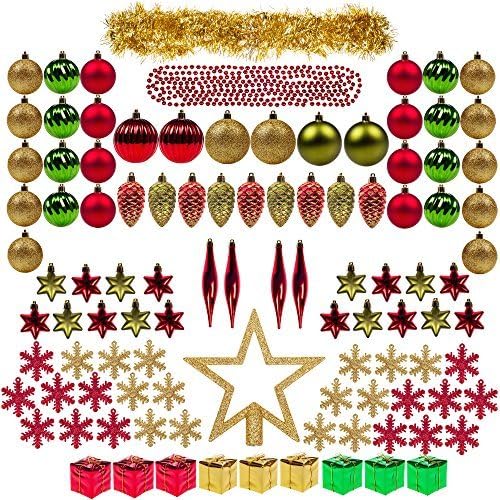 100ct Christmas Tree Decorations Ball Ornaments Assorted Decorations Gold Red and Green, Xmas Decorations Full Set, including Tree Topper, Balls, Bead and tinsel Garlands, Pine Cones by Kingyee Kids