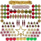 100ct Christmas Tree Decorations Ball Ornaments Assorted Decorations Gold Red and Green, Xmas Decorations Full Set, including Tree Topper, Balls, Bead and tinsel Garlands, Pine Cones by Kingyee Kids