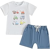 Murnouche Toddler Baby Boy Summer Clothes Excavator Print Letter T Shirt Casual Shorts Set