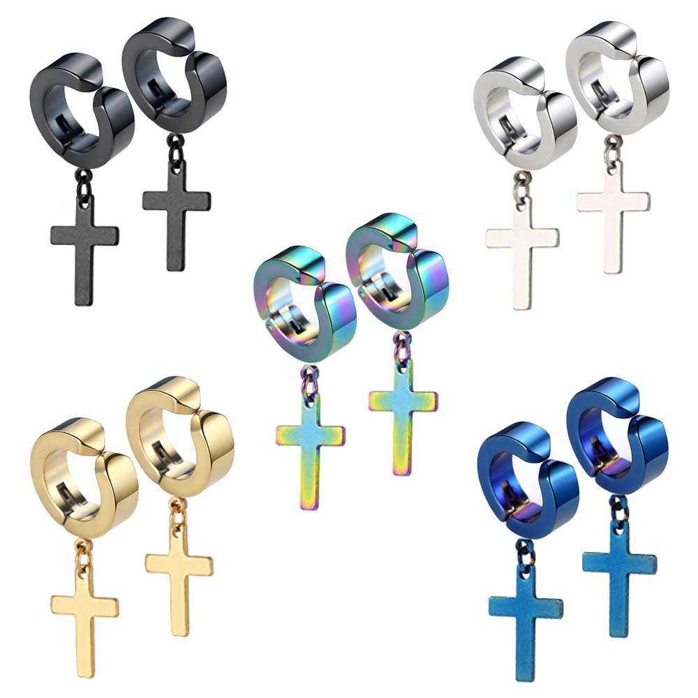 5 Pairs Stainless Steel Cross Earrings for Men Women Girl, Men Earrings Hoop Silver Black, Clip on Earrings Gold, Fake Non-Piercing Earrings, Hinged Cross Earrings Dangle Drop Set Hypoallergenic 14MM